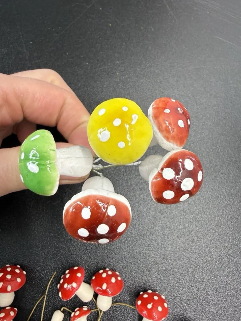 Vintage Lot Plastic Mini Dotted Stick Mushrooms Christmas Ornaments West Germany
